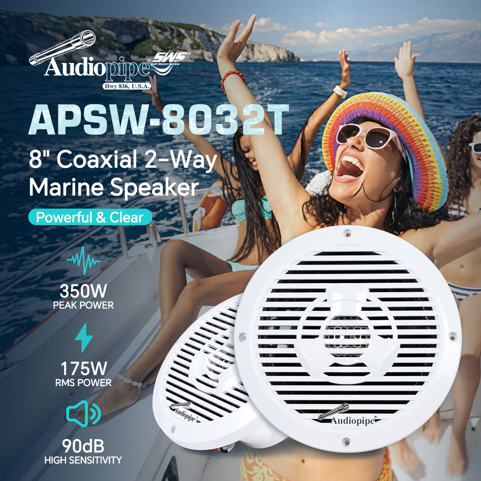 8” Coaxial Marine Speaker (APSW-8032T),Sold in pairs