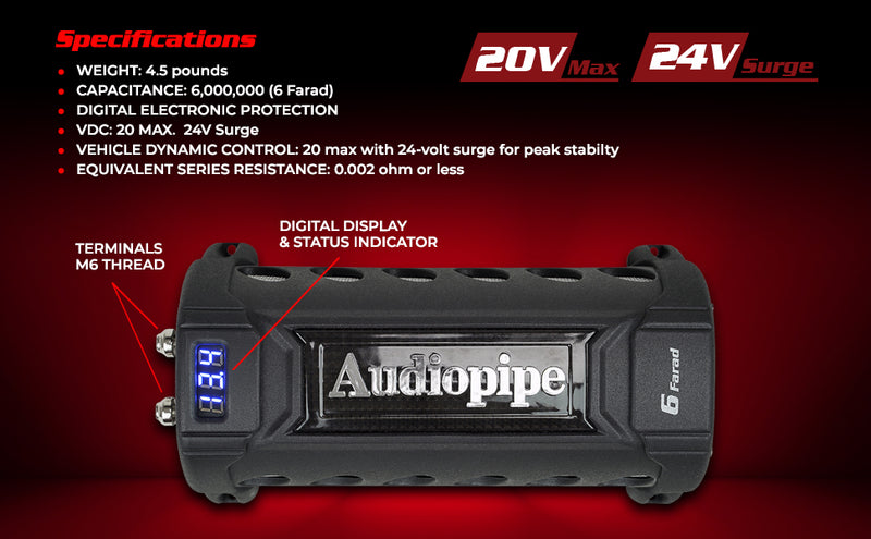 Audiopipe Car Audio Power Capacitor with Digital Display and Electronic Protection (ACAP-D6000)