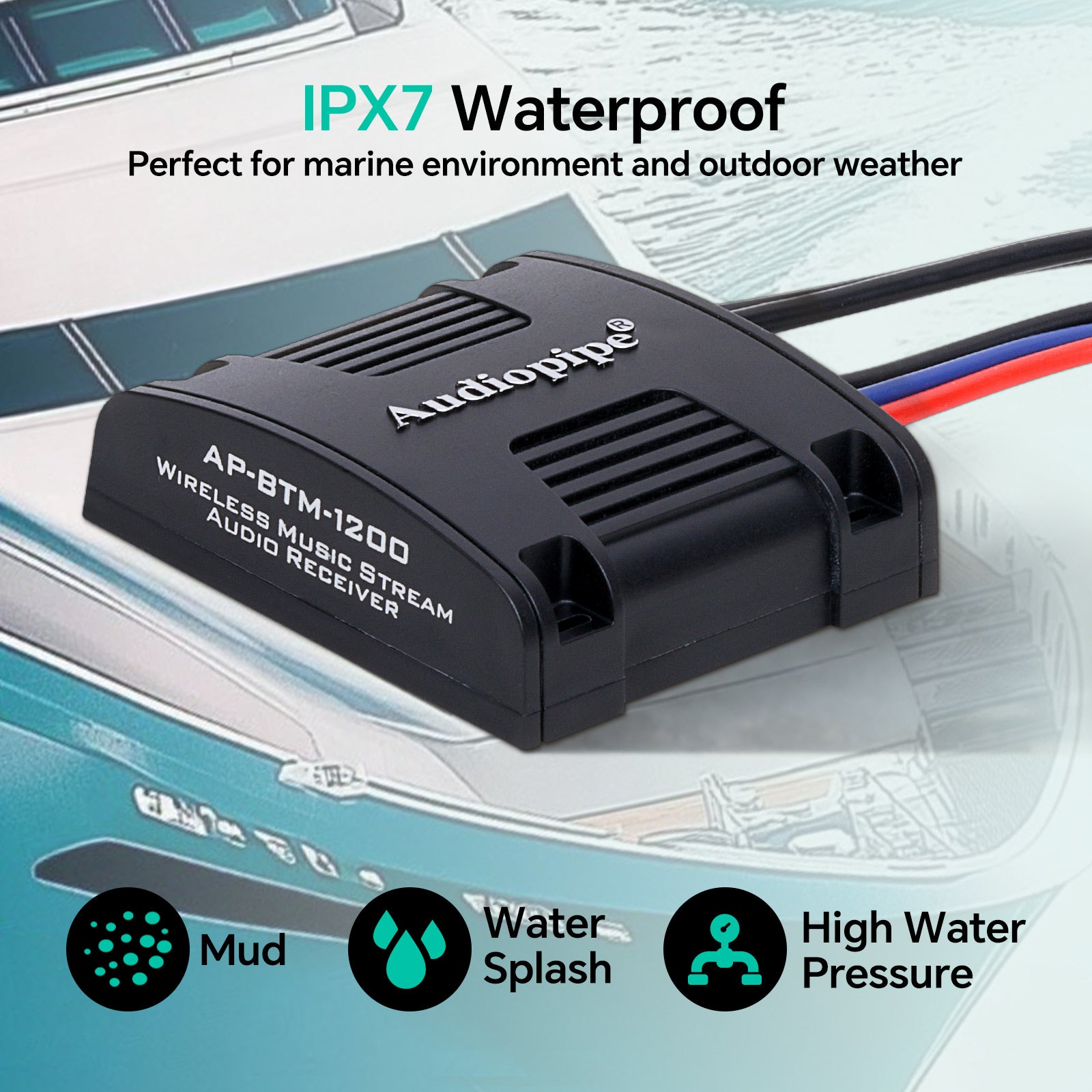 Marine Wireless Music Stream Audio Receiver (AP-BTM-1200), Sold individually