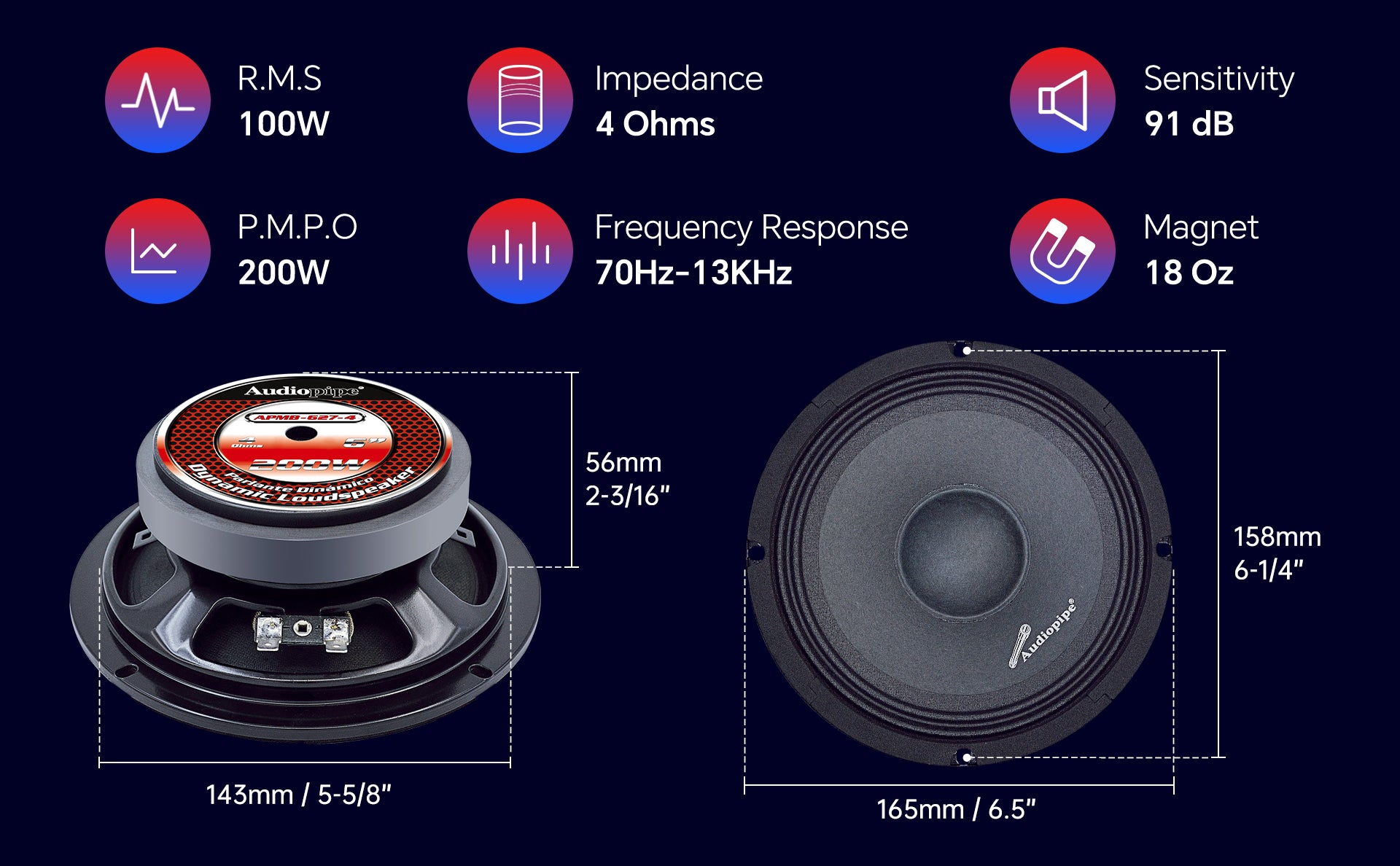6" Mid-Range Frequency Loudspeaker (APMB-627-4), Sold in pairs