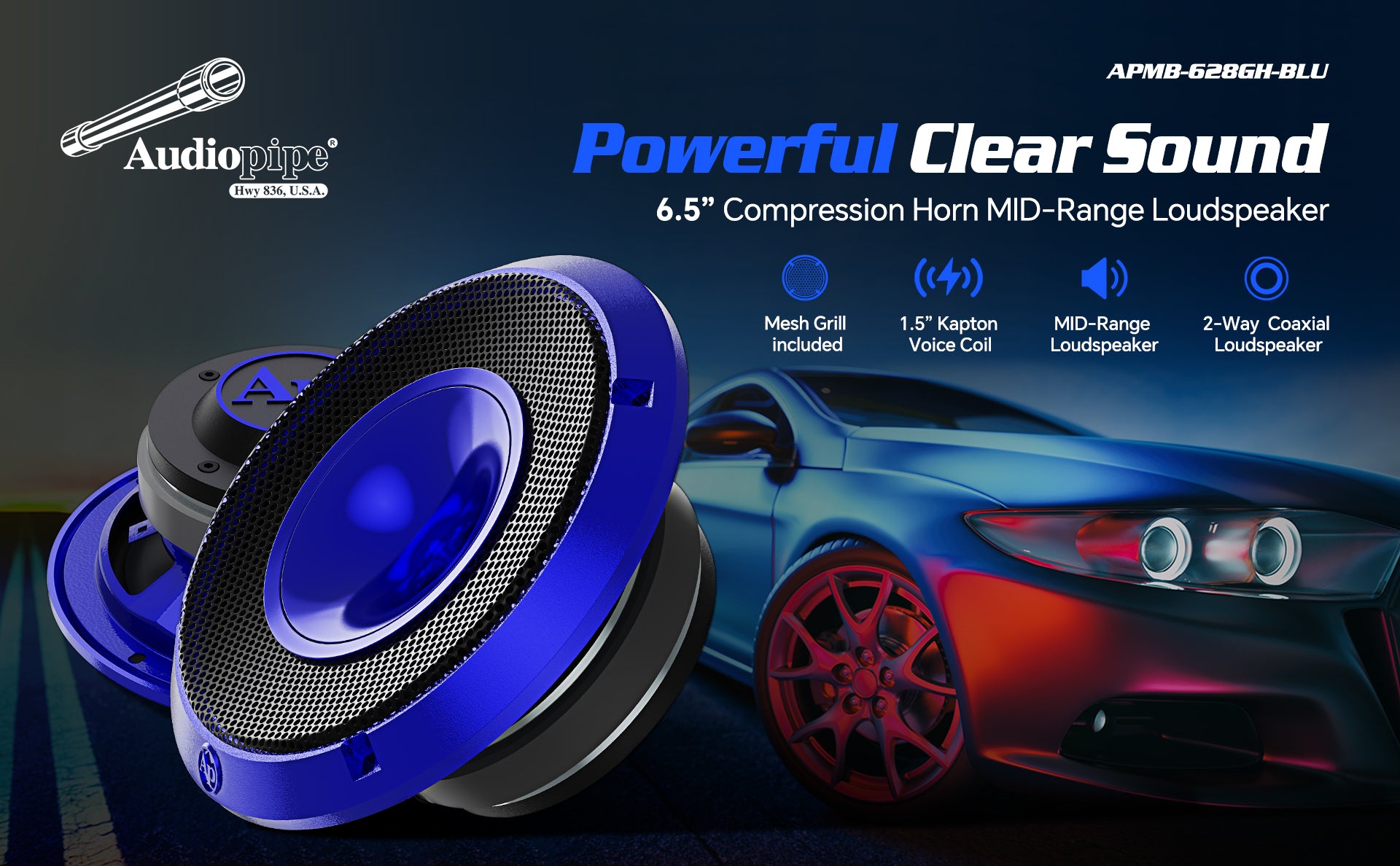 6.5" Compression Horn Mid-Range Loudspeaker (APMB-628GH-BLU), Sold individually