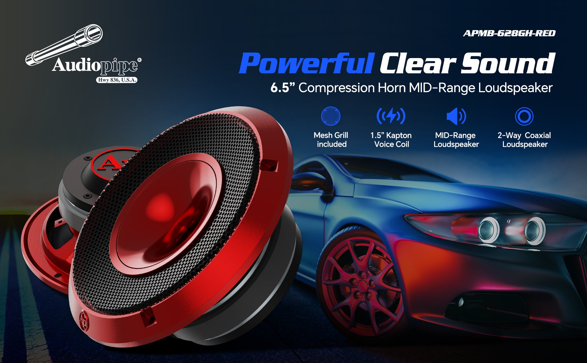 6.5" Compression Horn Mid-Range Loudspeaker (APMB-628GH-RED), Sold individually