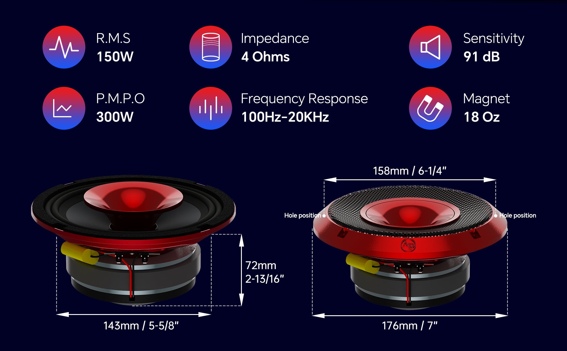 6.5" Compression Horn Mid-Range Loudspeaker (APMB-628GH-RED), Sold individually