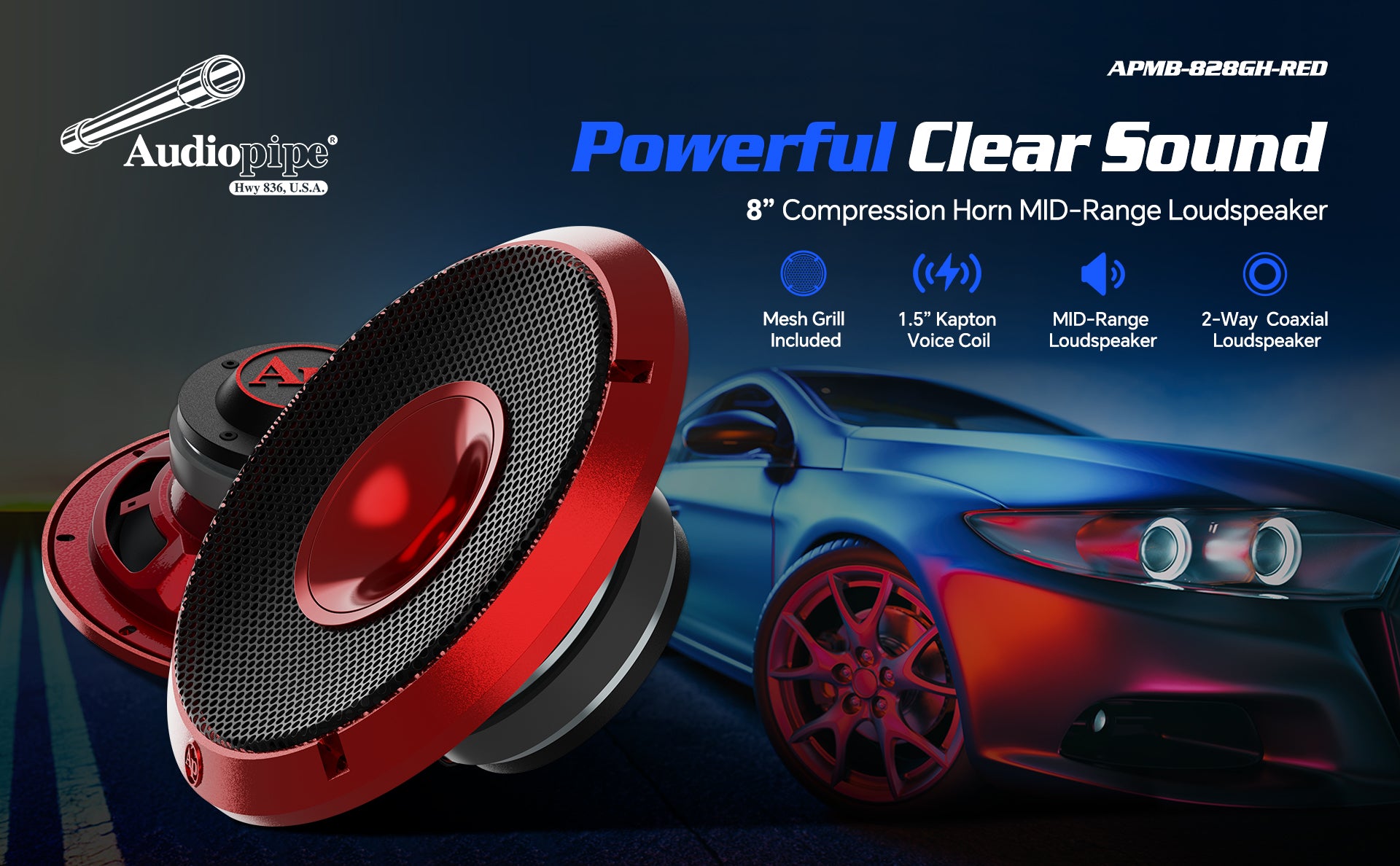 8" Compression Horn Mid-Range Loudspeaker (APMB-828GH-RED), Sold individually