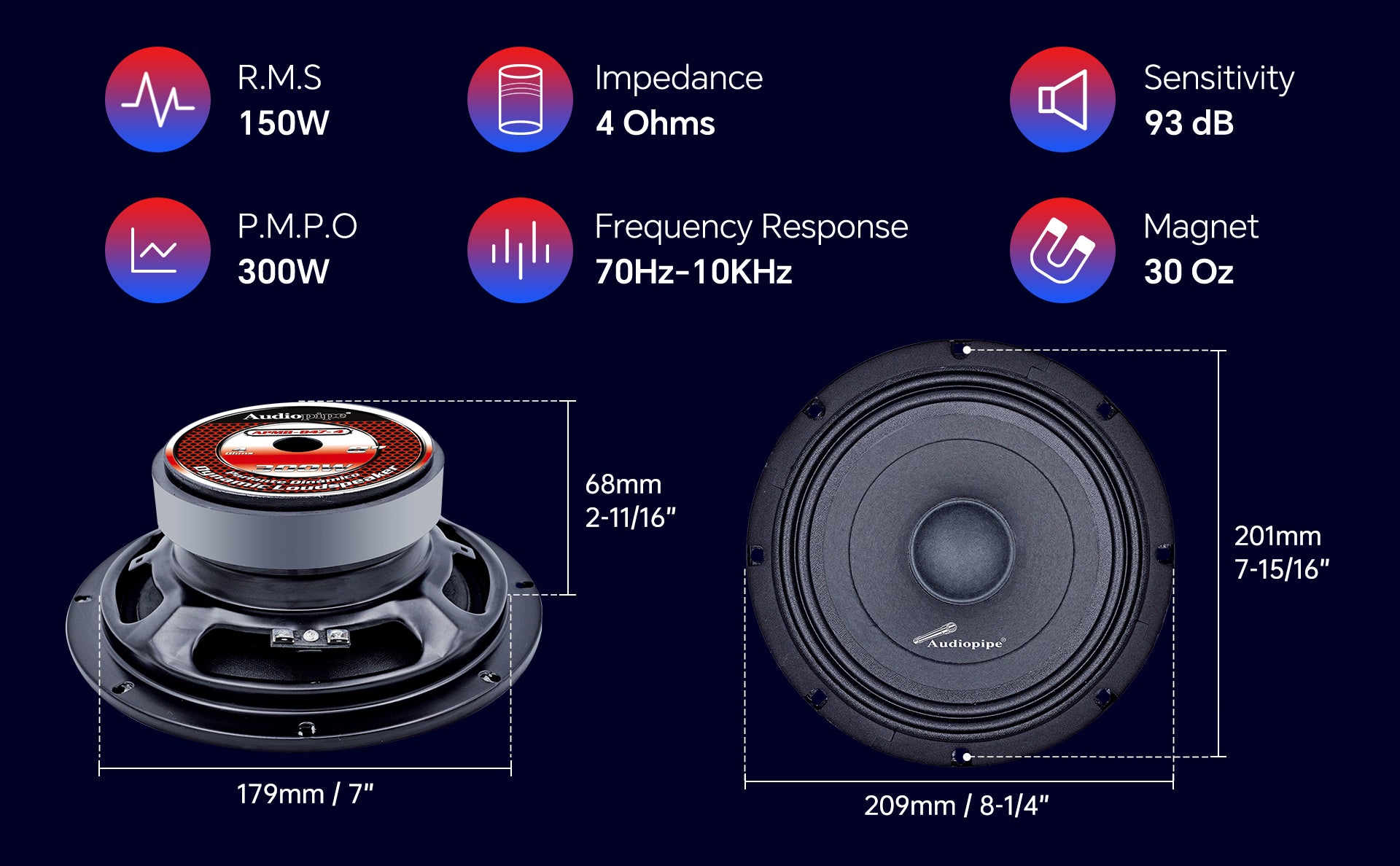 8" Mid-Range Frequency Loudspeaker (APMB-847-4), Sold in pairs