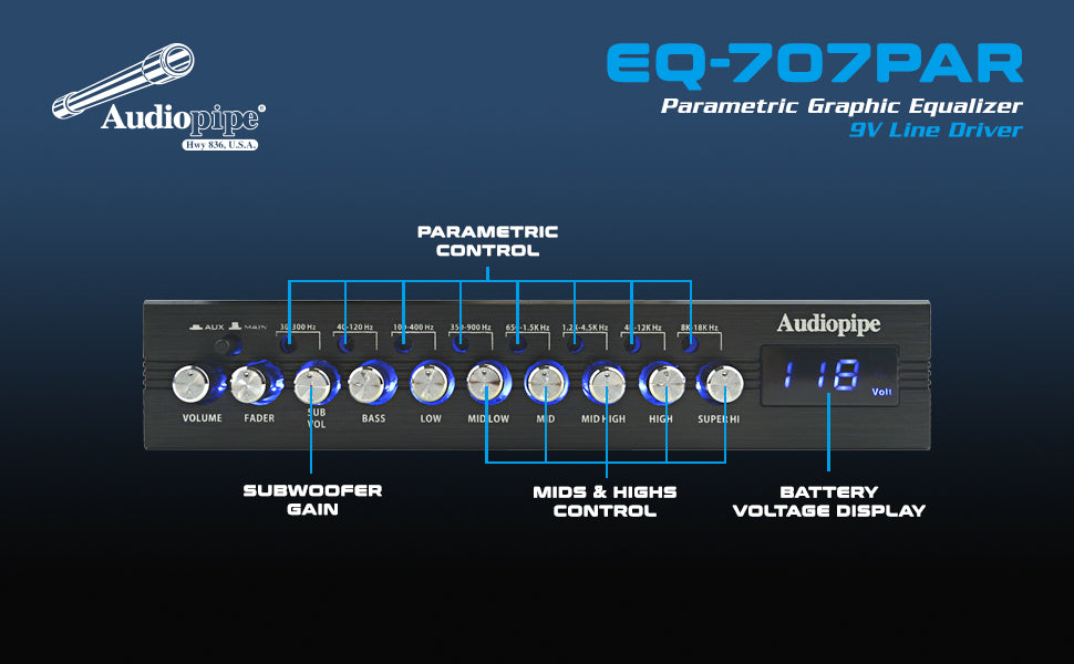 Audiopipe 7 Band Parametric Graphic Equalizer with 9V Line Driver (EQ-707PAR)