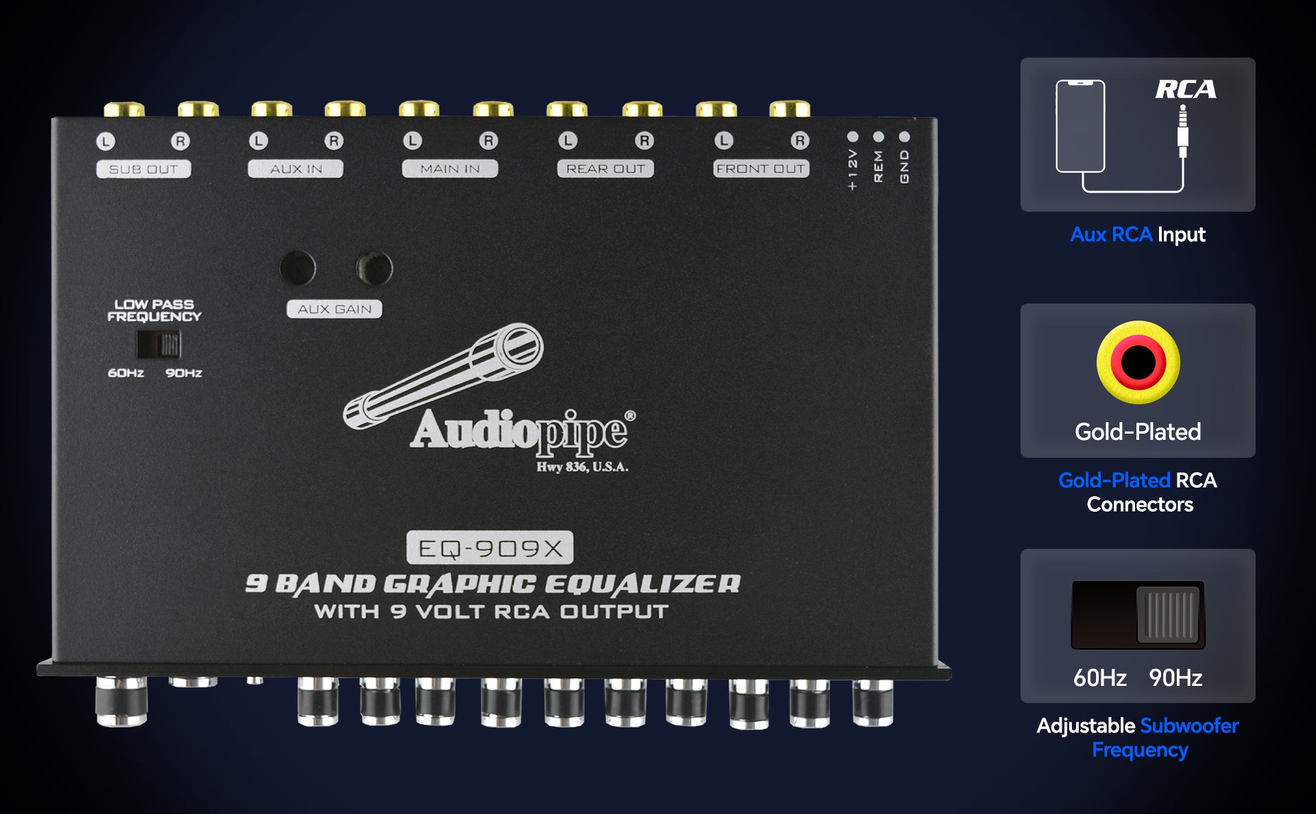Audiopipe 9 Band Graphic Equalizer with 9 V LINE DRIVER (EQ-909X)