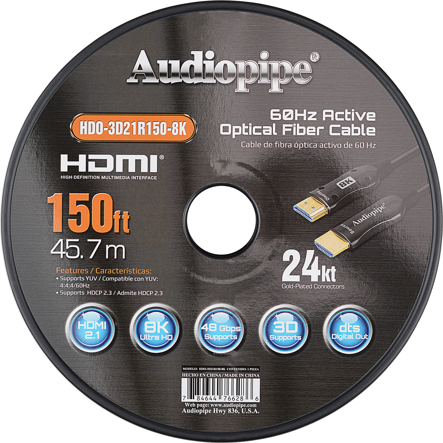 150Ft 8K Active Optical Fiber HDMI Cable (HDO-3D21R150-8K)
