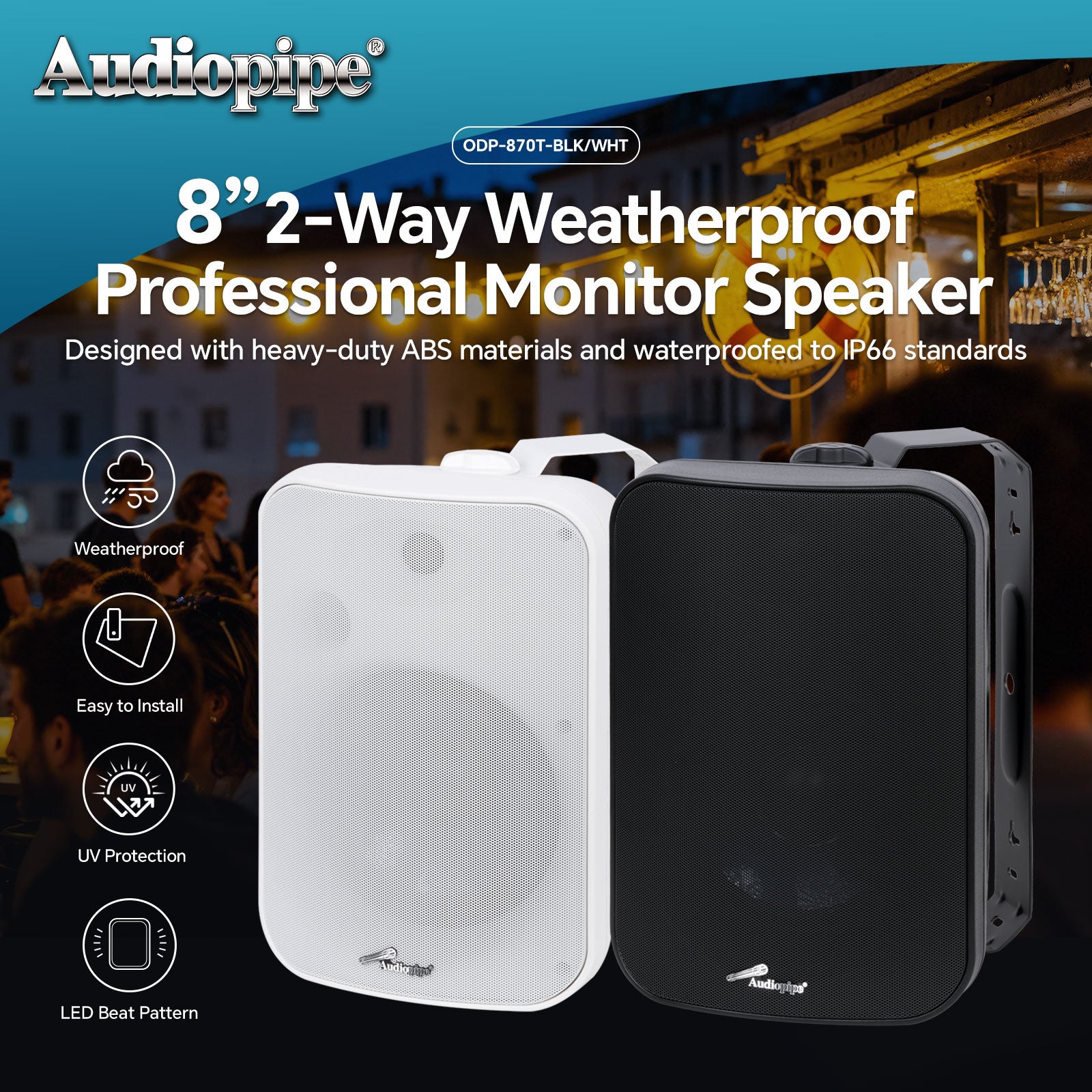 8” 2-Way Weatherproof Professional Monitor Speaker (ODP-870T-WHT), Sold individually