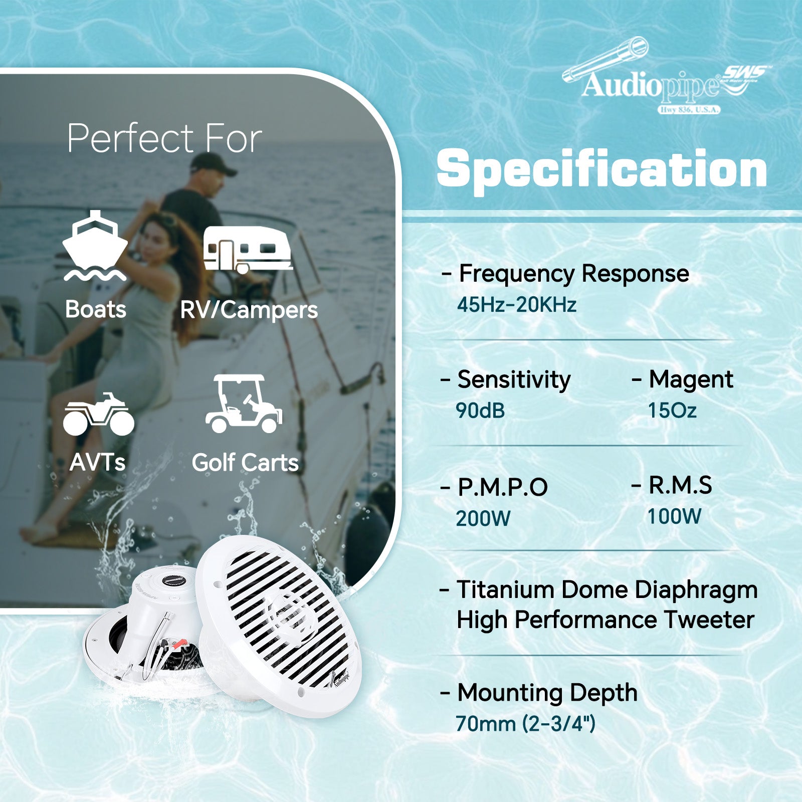 6.5” Coaxial Marine Speaker (APSW-6032),Sold in pairs