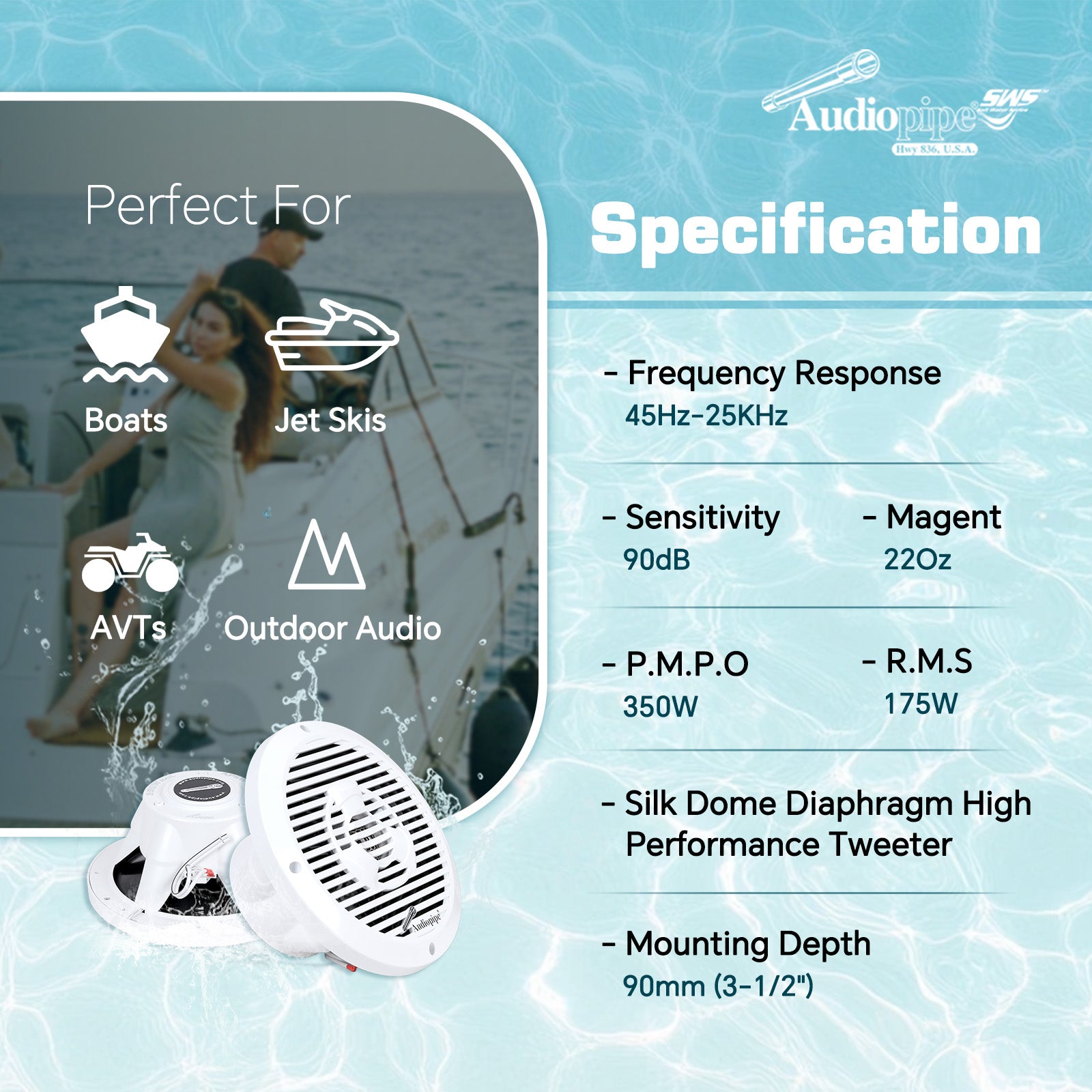8” Coaxial Marine Speaker (APSW-8032T),Sold in pairs