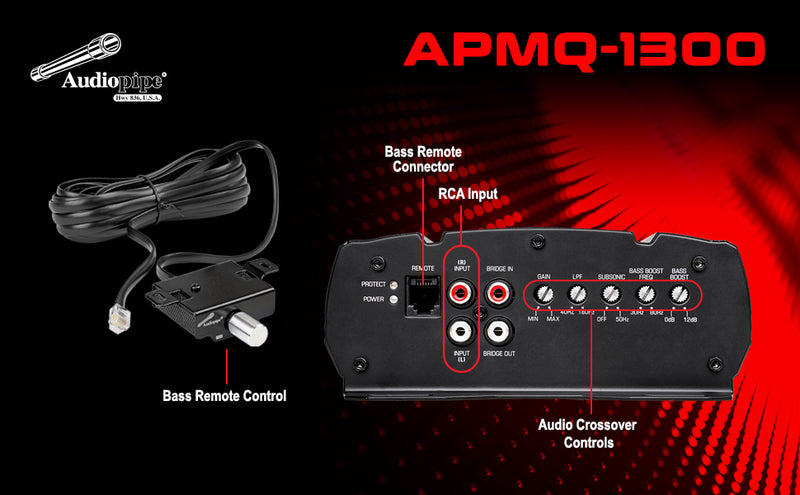 Audiopipe APMQ-2000 Mini Class D Mono Amplifier - 2000W Peak, Compact, W/ Remote Bass Knob & Subsonic Filter