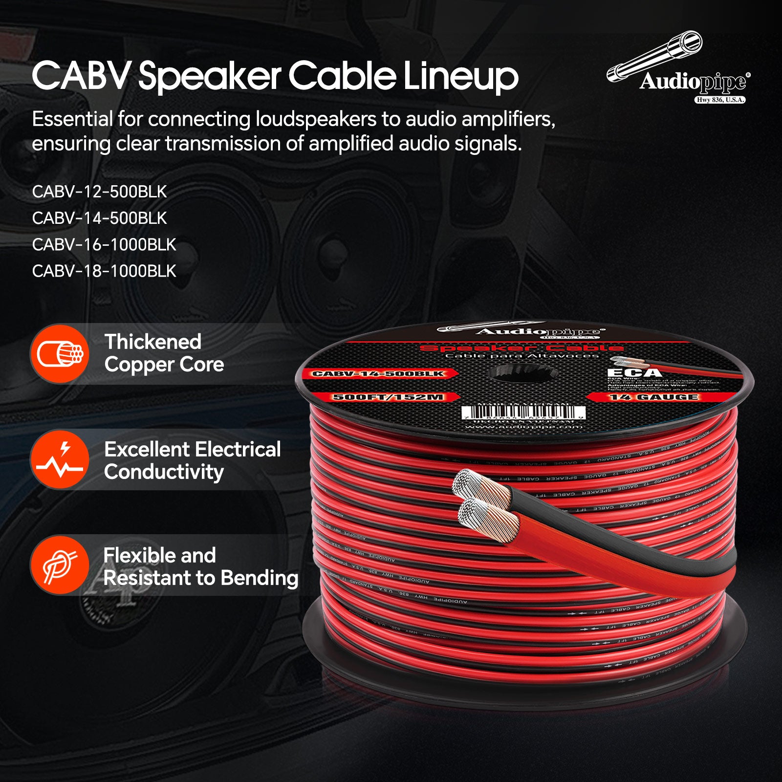 500FT 12AWG Speaker Cable (CABV-12-500BLK) – Audiopipe