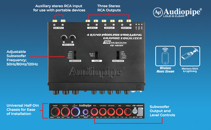 Audiopipe 4 Band Wireless Streaming Graphic Equalizer with USB and AUX (EQ-495BT)