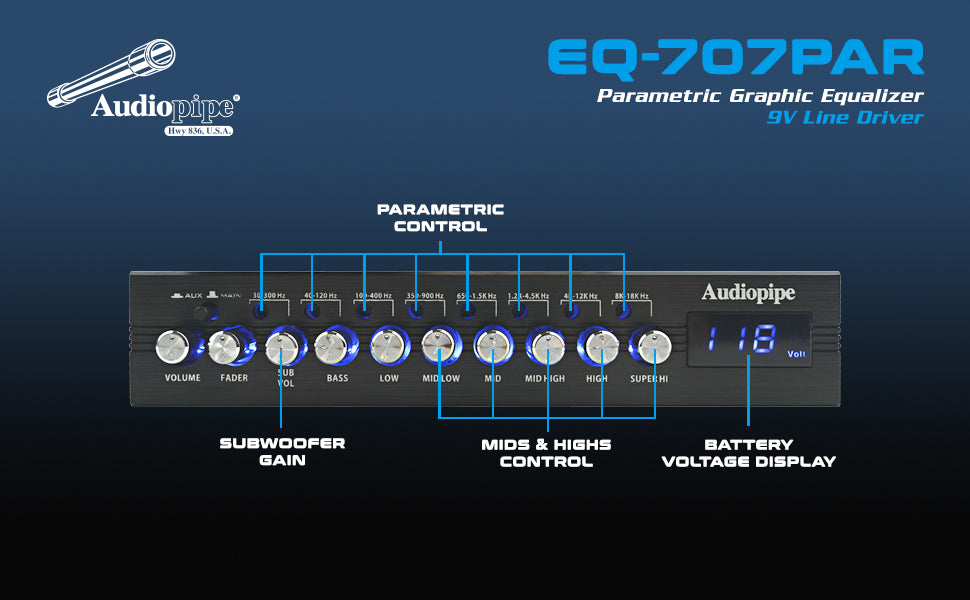 Audiopipe 7 Band Parametric Graphic Equalizer with 9V Line Driver (EQ-707PAR）