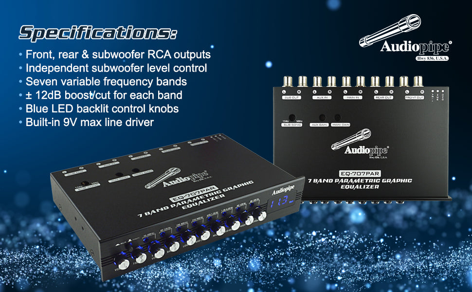 Audiopipe 7 Band Parametric Graphic Equalizer with 9V Line Driver (EQ-707PAR）