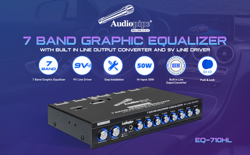 Audiopipe 7 Band Graphic Equalizer with Hi/Lo 9V Line Driver (EQ-710HL)