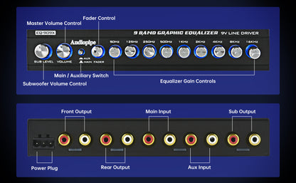 Audiopipe 9 Band Graphic Equalizer with 9 V LINE DRIVER (EQ-909X)