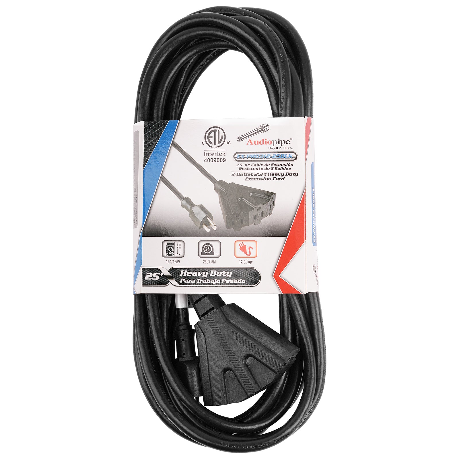 25Ft 3-Outlet Heavy Duty Extension Cord (EX-PRO312-25BLK)