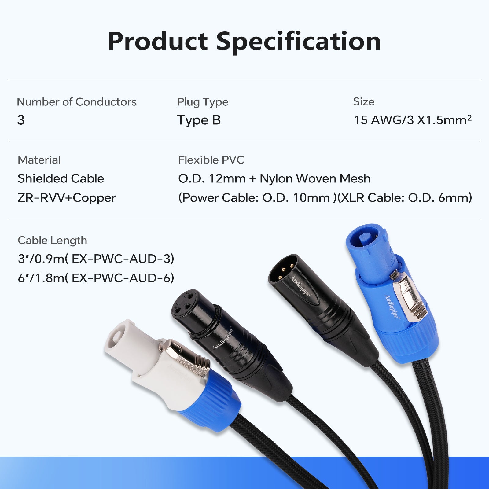 3Ft Extension Power Cable with Audio XLR Connectors (EX-PWC-AUD-3)