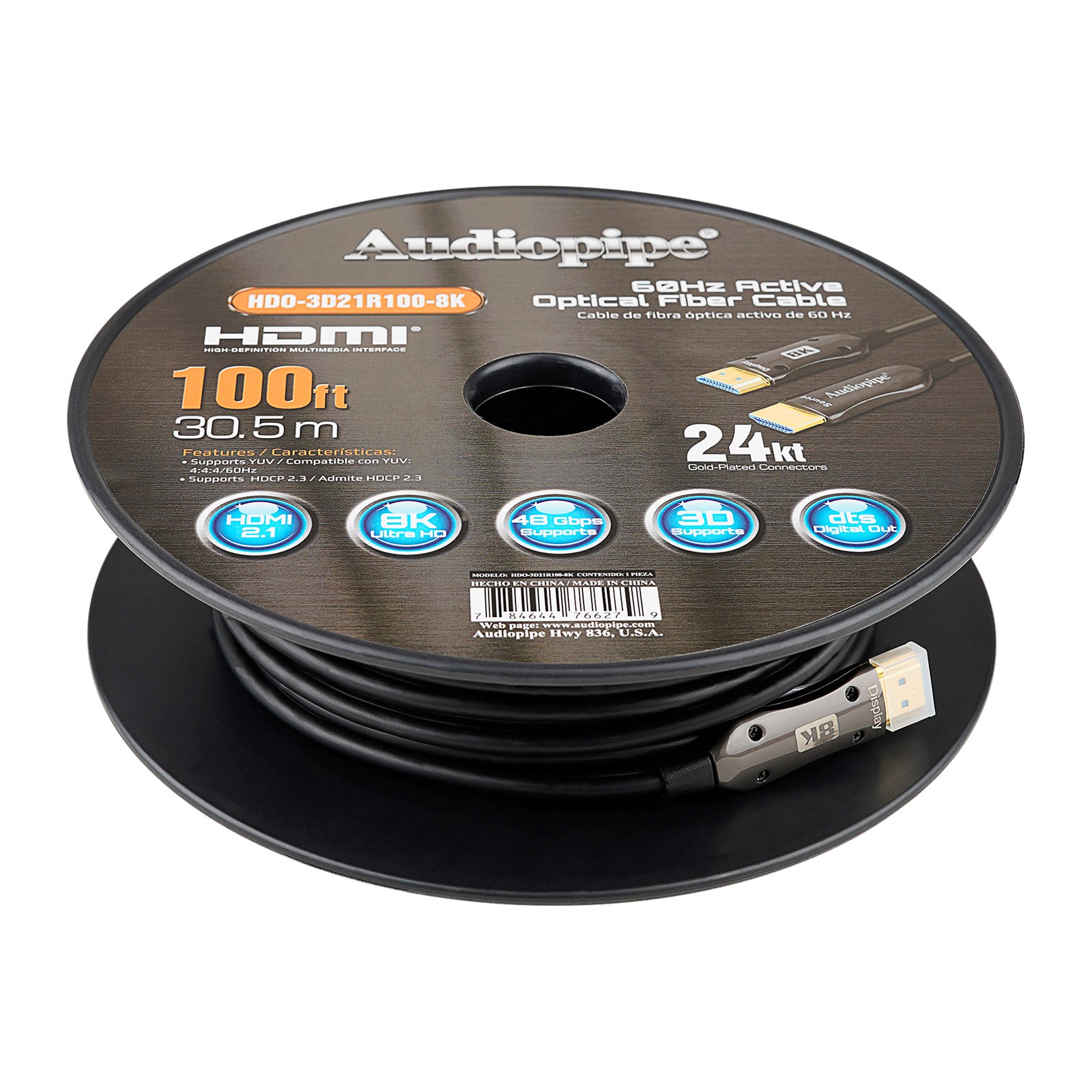 100Ft 8K Active Optical Fiber HDMI Cable (HDO-3D21R100-8K) – Audiopipe