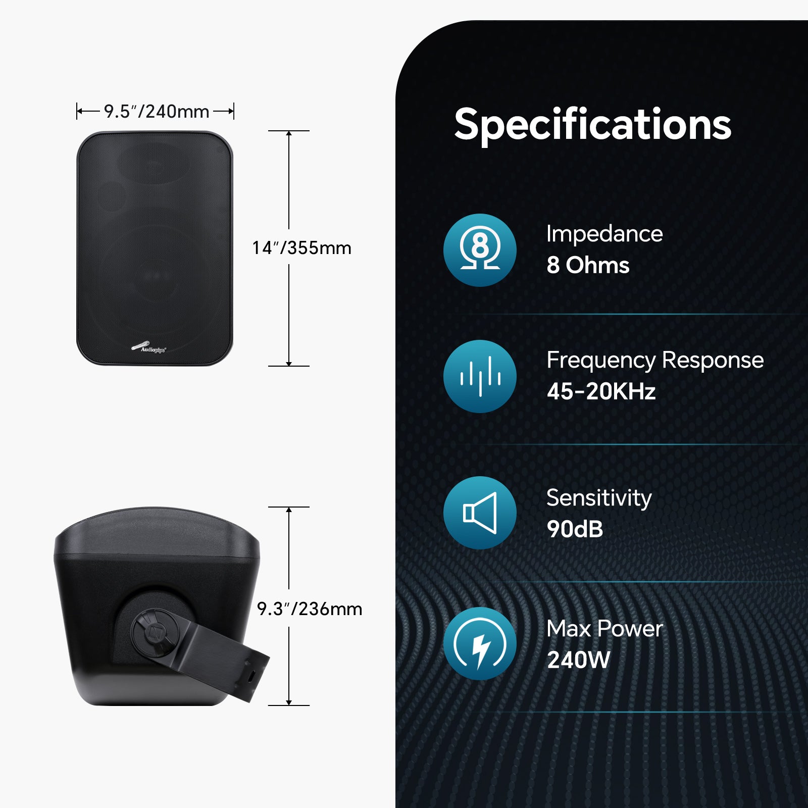 8” 2-Way Weatherproof Professional Monitor Speaker (ODP-870T-BLK), Sold individually