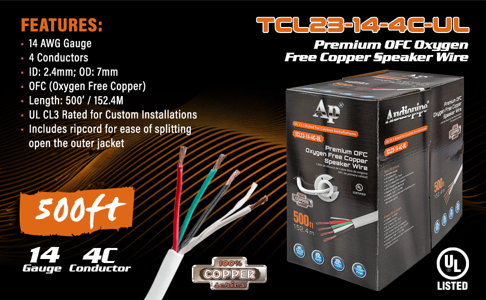 Premium 14 Gauge Oxygen Free Copper Speaker Wire (TCL23-14-4C-UL)