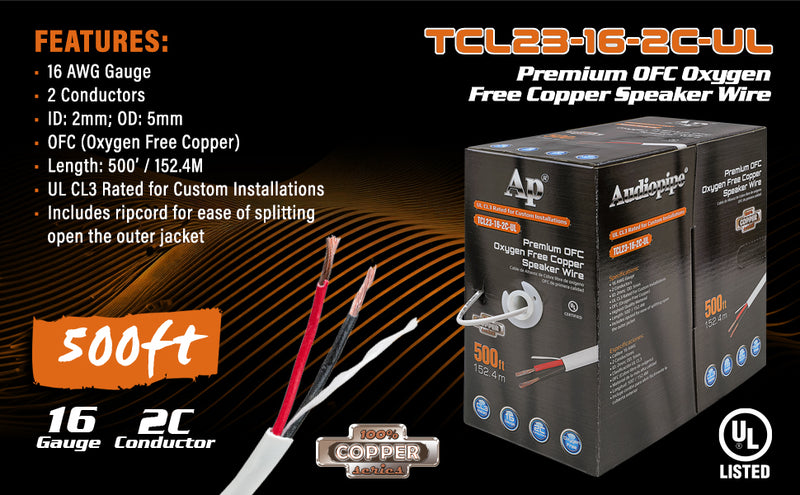 Premium 16 Gauge Oxygen Free Copper Speaker Wire (TCL23-16-2C-UL)