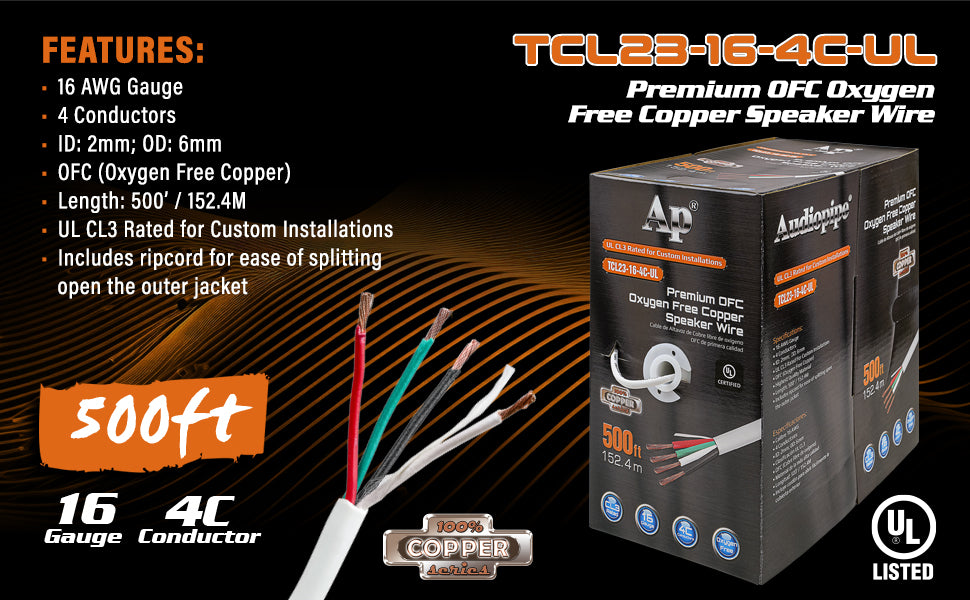 Premium 16 Gauge Oxygen Free Copper Speaker Wire (TCL23-16-4C-UL)